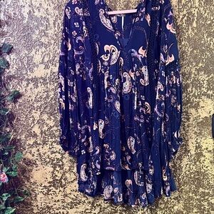 Free People Navy Paisley V-Neck Tunic with Pink Accents and Crochet Trim